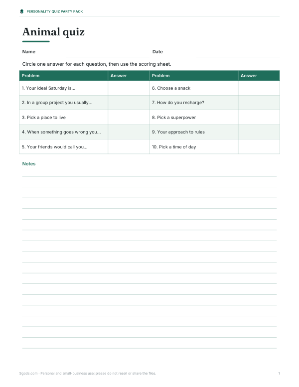 Preview of Printable Animal Personality Quiz