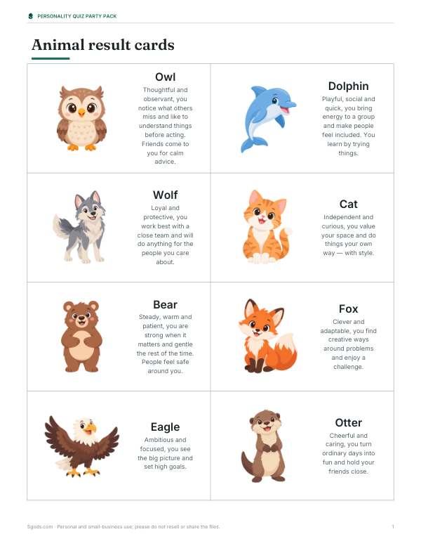 Preview of Printable Animal Result Cards